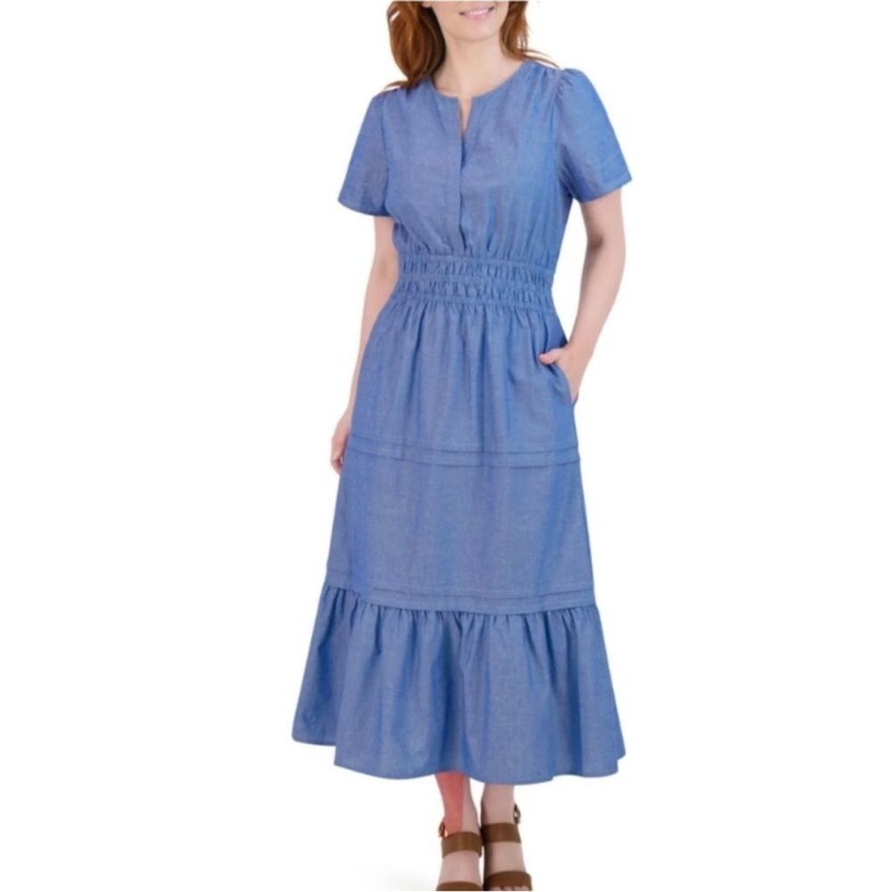 French Connection Blue Ruffled Short Sleeve Sundress Women 2XLarge Chambray New